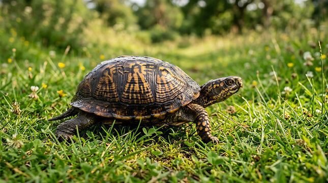 Eastern box turtle crawling through a lush green meadow with wildflowers in natural sunlight