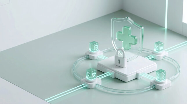 Securing healthcare records medical data privacy cybersecurity concept art illustration showcases shield protection on futuristic platform in high angle view