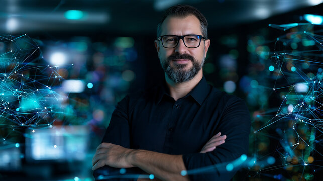 IT professional smiling, standing with crossed arms in a server room with global digital data network visualization