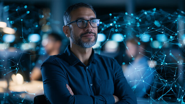 Confident businessman seeing a secure digital network, visualizing data and connection in a futuristic corporate environment