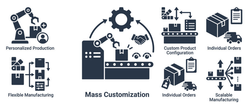 Mass customization production workflow diagram. Industrial manufacturing process illustration. Customization, modular assembly, inventory, production line. Vector illustration.
