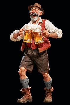 Illustration of cheerful elderly Bavarian man in lederhosen holding two beer mugs, Oktoberfest concept