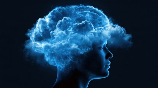 A human head with a cloud-like brain symbolizes cognitive outsourcing to AI and neural connections in a dark setting.