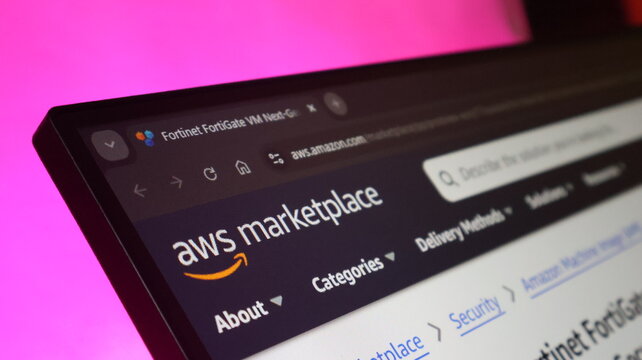 Aws marketplace web portal displayed on screen with cloud computing software services and infrastructure products for enterprise IT solutions and deployment.