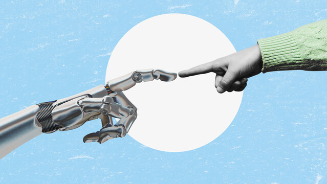 White robot hand of a cyborg pointing a finger at a child -  isolated on free blue background.
