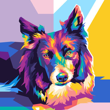 Colorful Border Collie dog portrait in WPAP pop art style