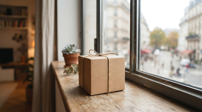 A brown craft paper gift box tied with a simple string on a wooden windowsill overlooking a busy European city street