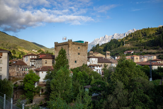 View of Potes, Cantabria, Spain, with the River Deva and the Infantado Tower in the background