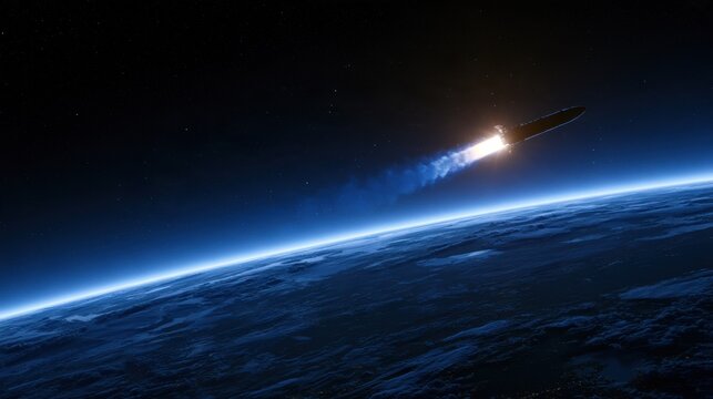 Missile launches into space, representing a threat to satellites and emphasizing space as a contested domain for defense.