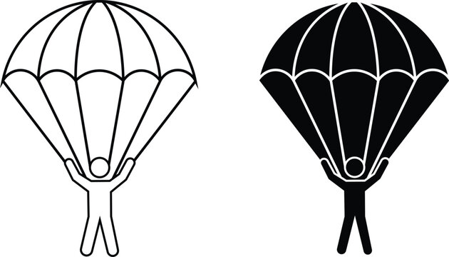 Parachuting Person Silhouette Icon Set with Open Parachute Vector