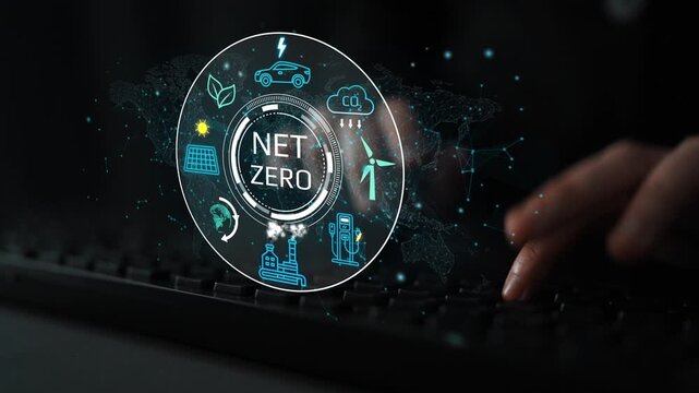 Conceptual representation of net zero emissions with digital icons showcasing renewable energy, sustainable living, and environmental technology on a dark background. Entropy.