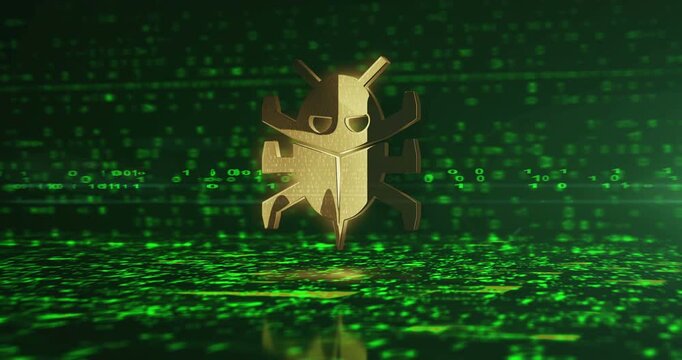 Computer bug cyber attack and security error shine symbol. Abstract 3d golden metal glowing icon animation.