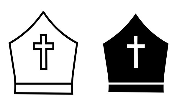 Black and white bishop mitre hat icons with christian cross symbols