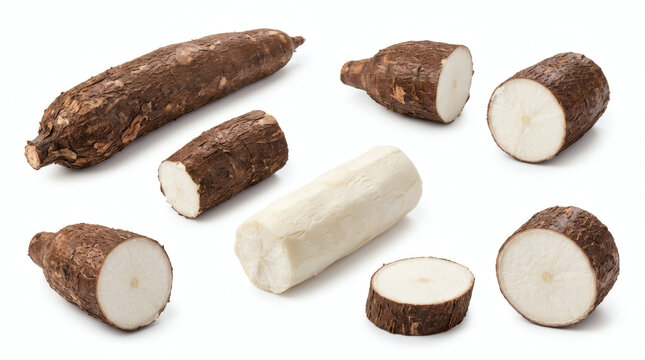 Raw Cassava Roots Whole And Sliced Pieces With One Peeled Section Arranged On A Clean White Background For Food Design