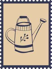 Charcoal chalk watering can postage stamp. © gala