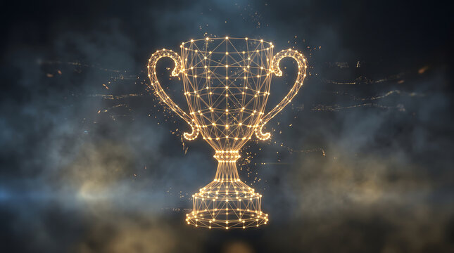 Glowing golden trophy cup made of digital wireframe mesh particles