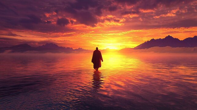 Jesus walking on luminous water beneath a fiery sunset