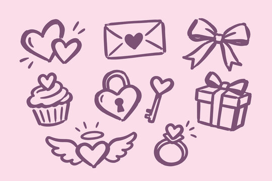 Valentines Day Love Symbols Hand Drawn Doodle Set with Hearts and Gifts