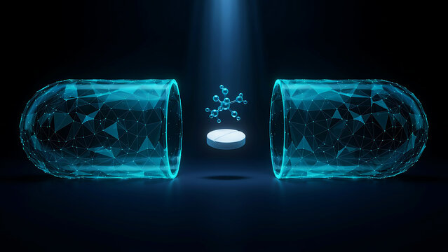 A futuristic conceptual digital visualization of an open pharmaceutical medical capsule containing a floating molecular structure model