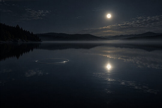 Glowing Ring on a Silent Lake in Moonlight as a Symbol of Tinnitus and Persistent Ringing