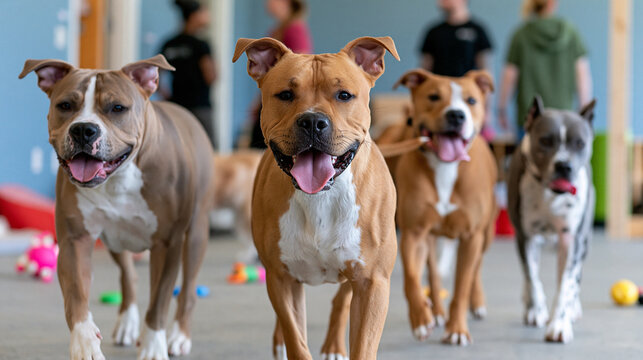 Happy dogs playing together in a supervised daycare room after grooming, clean coats, colorful toys and attentive staff in the background, social interaction, pet boarding