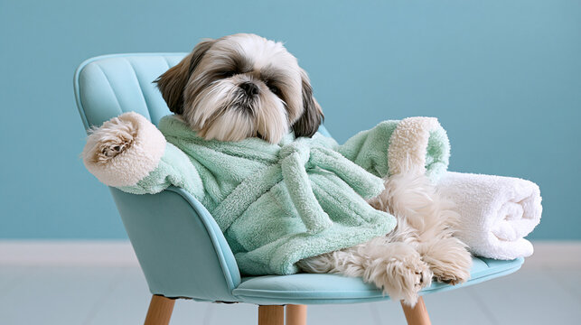 Funny portrait of a sleepy shih tzu wearing a pastel bathrobe, sitting in a miniature spa chair with a towel folded beside it, soft studio lighting, pampered companion animal,