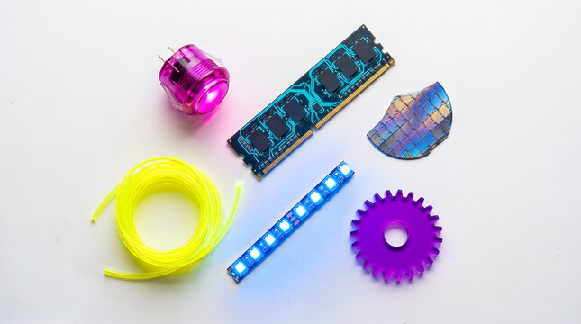 Six glowing neon cyberpunk tech and synthwave hardware items on white