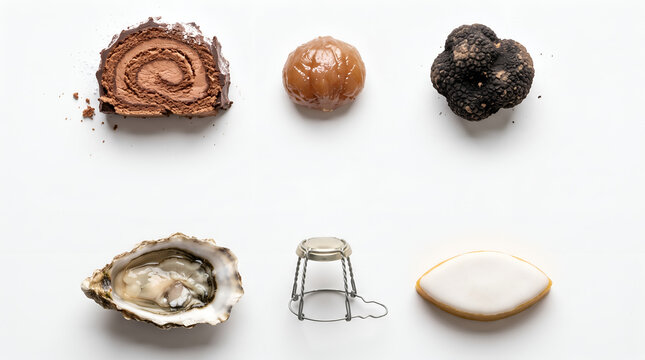 Six French Reveillon Christmas gourmet food and Yule log items on white