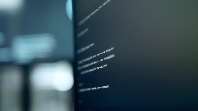 A monitor displays source code in a close view of a code screen, with shallow focus moving across the text while another screen blurs behind the monitor in a dim technical workplace.