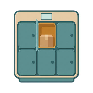 Parcel pickup locker with one open compartment and cardboard box, click and collect smart locker, last mile delivery concept, flat illustration, transparent background. 