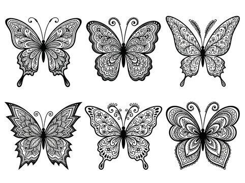 Ornate butterfly vector set, 6 decorative black and white butterflies with mandala patterns, intricate zentangle butterfly line art for coloring books isolated on White Background editable eps