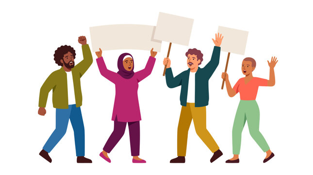 Activism and protest, A diverse group of stylized protesters chant together with raised hands