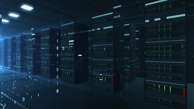 futuristic data center animation with floating bin.