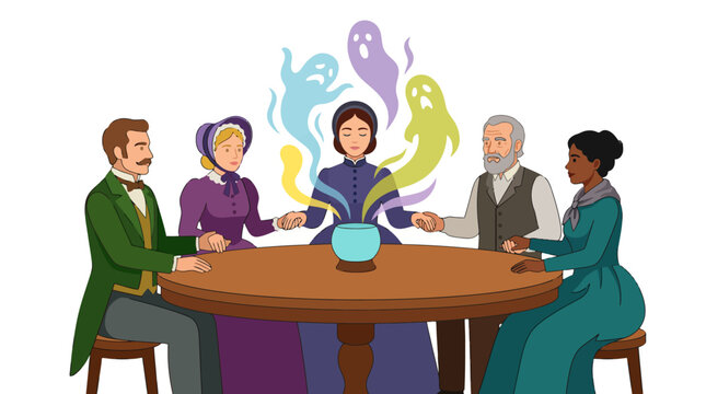 Victorian sance, A medium and participants gather around a glowing crystal bowl