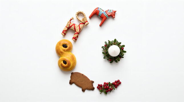 Six traditional Swedish Jul holiday and Scandinavian Christmas items on white
