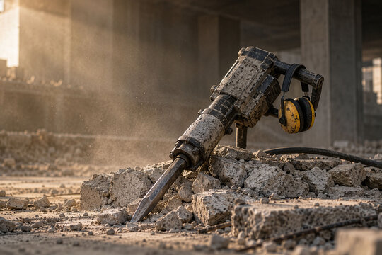 Jackhammer with Ear Defenders as a Symbol of Occupational Noise, Hearing Protection and Hearing Health