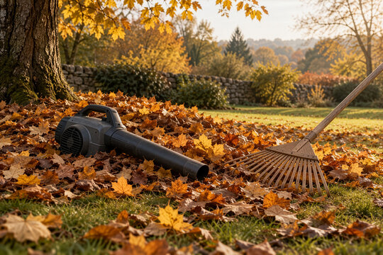 Leaf Blower and Wooden Rake in Autumn as a Concept of Garden Noise and Quiet Gardening