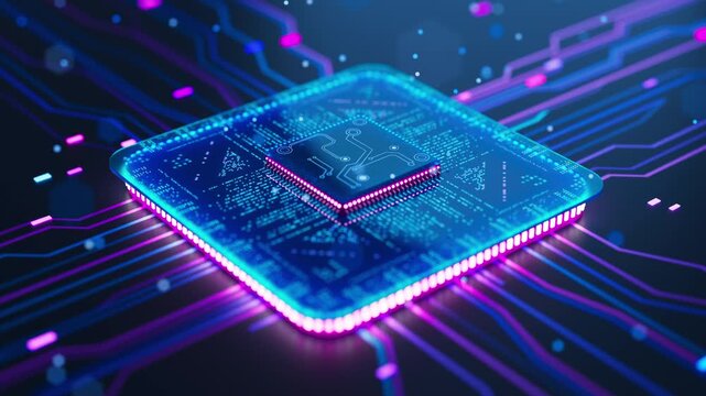 futuristic 3d cpu microchip with glowing neon.