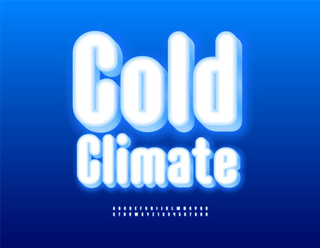 Vector Winter template Cold Climate. Artistic White 3D Font. Condensed set of Cool Alphabet Letters and Numbers.