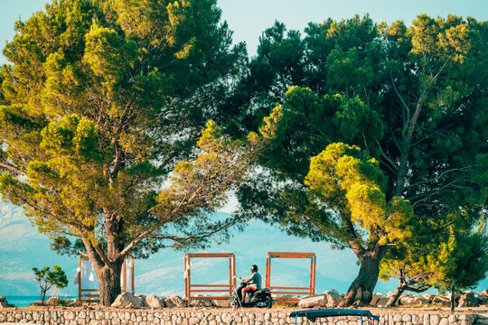Riding a motor scooter along the Adriatic coast in Kvarner Bay under lush pine trees. Concept of Mediterranean summer travel, freedom, and vacation.