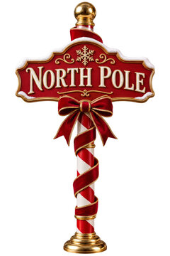 North Pole sign on candy cane post Isolated on Transparent Background