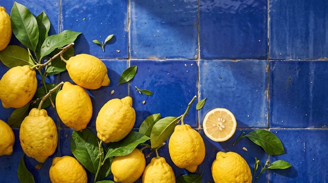 Fresh vibrant lemons with green leaves on rustic cobalt blue ceramic tile background in bright sunlight