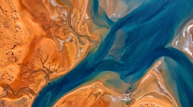 Stunning aerial view of deep blue water flowing through vibrant orange sand dunes creating abstract natural patterns