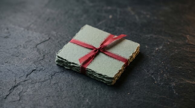 Artisan sage green deckle edge paper bundle tied with frayed red ribbon on dark slate background