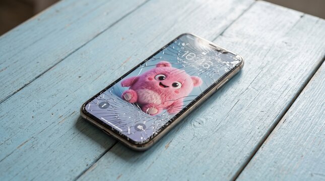 Broken smartphone screen with a cracked display showing a cute pink cartoon character. Representing accidental damage phone repair or technology malfunction issues.