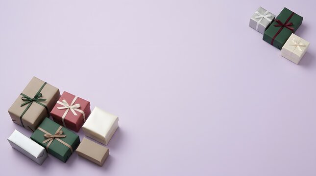 A beautifully arranged collection of colorful gift boxes presented on a soft pastel colored background evoking feelings of celebration and anticipation