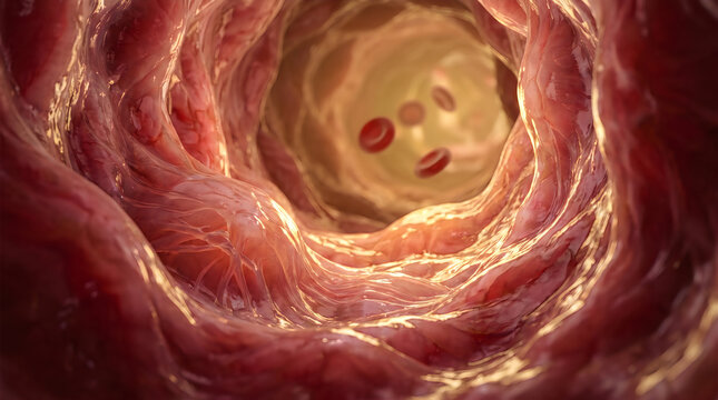 Inside a human blood vessel or intestine lumen with tissue walls and red blood cells, 3D medical illustration