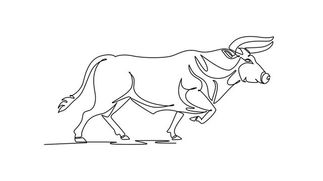 Self drawing animation of single line draw a powerful wild bull running at full gallop across savanna terrain, curved horns, muscular shoulder folds, raised hoof. Continuous line. Full length animated