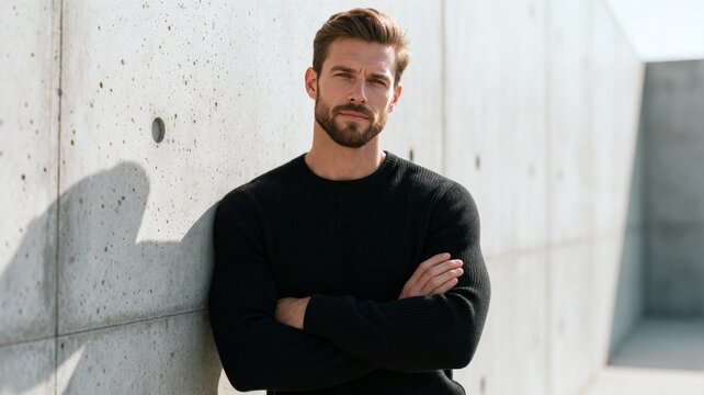 Confident Handsome Man Lean Against Concrete Wall with Arms Crossed