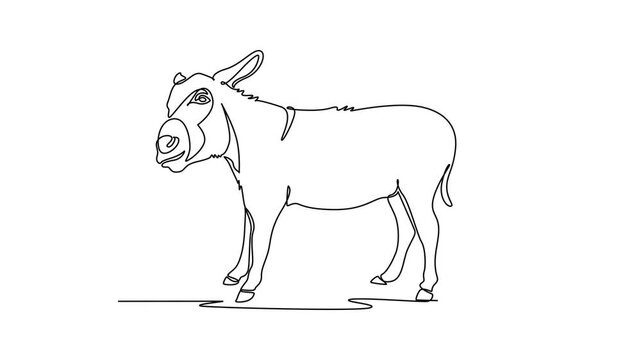Animated self drawing of continuous line draw wild donkey standing peacefully in an open savanna field, showcasing its large upright ears, broad muzzle, sturdy legs. Full length single line animation